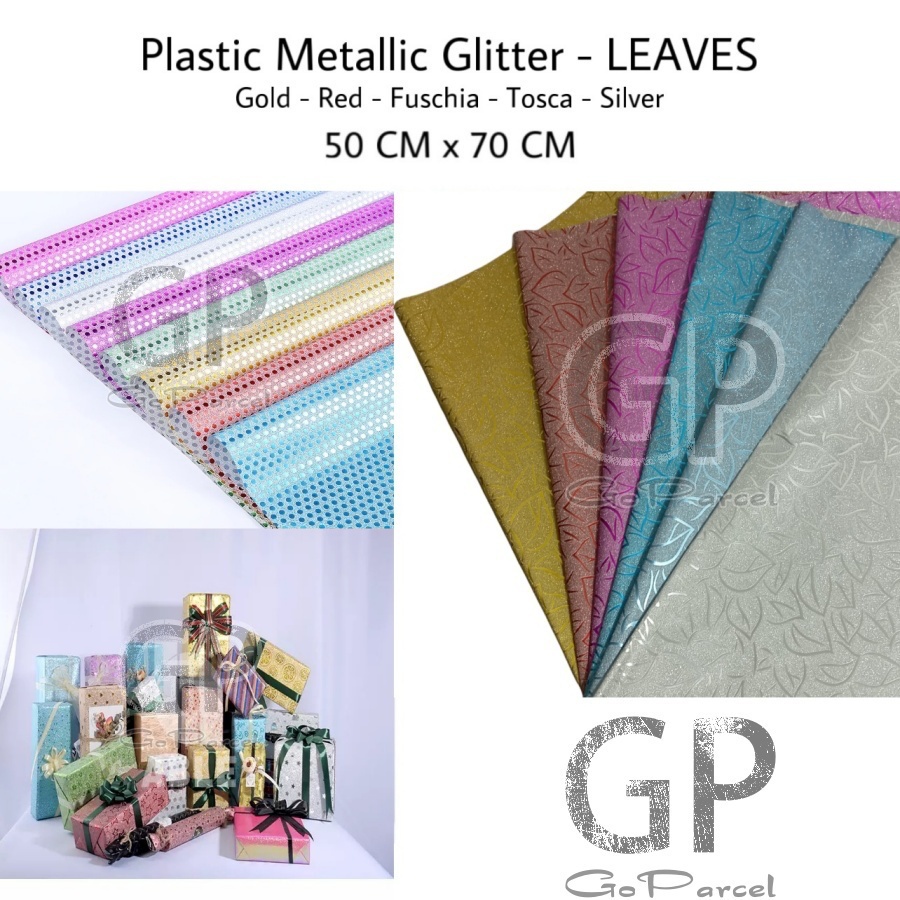 ( 3 Lembar ) PLASTIC METALLIC GLITTER LEAVES - KERTAS KADO PLASTIK GLITER METALIK EXCLUSIVE BICOLOR 2 SISI DOUBLE COLORS SILVER PERAK RED GLITER MERAH EMBOS ELEGANT EKSCLUSIF