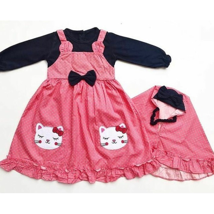 LCG-Baju Gamis Dress Muslim Free Kerudung Motif Kucing Lucu Baju Lebaran Bayi Anak Perempuan