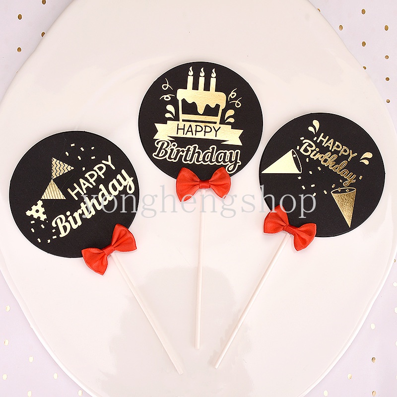 Topper Kue Desain Happy Birthday Warna Hitam Bronzing Untuk Dekorasi Pesta Baby Shower