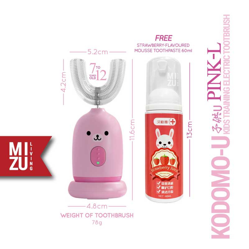 MIZU KODOMO-U Kids Training Electric Toothbrush Sonic Vibration Sikat Gigi U Anak USB Elektrik-PINK-L