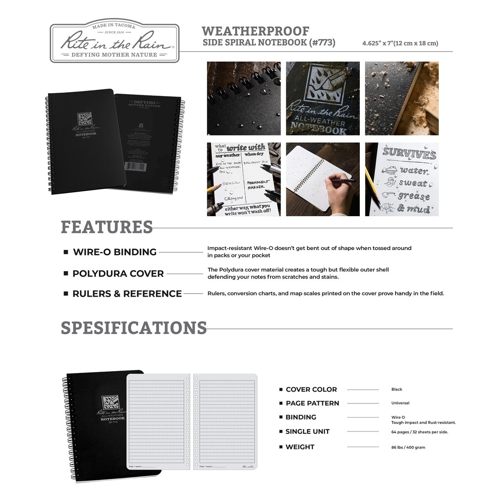 

Buku Notes ANTI AIR Rite In The Rain All Weather Side Spiral Notebook BLACK 12x18cm - 773