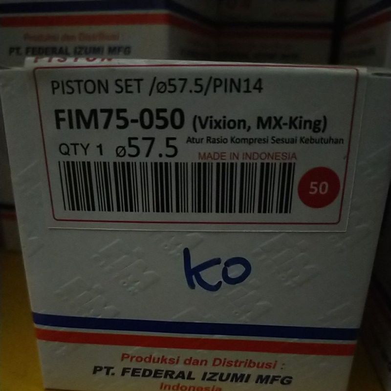 PISTON SEHER KIT SET FIM 75 ukuran 57 57,5 58 58,5 59 59,5 60 mm pen pin 14 mm vixion mx king r15-OS 50 ( 57,5MM)