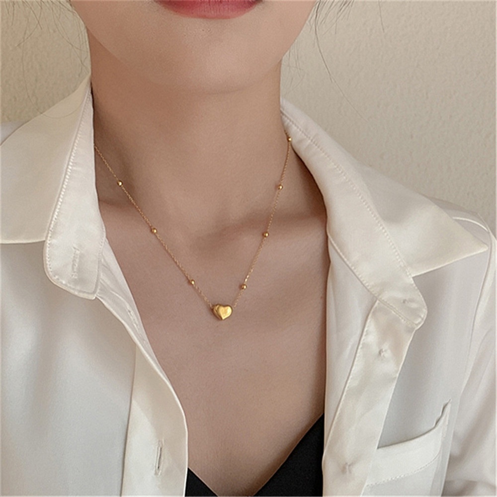 Manik Bulat Korea Mewah Baja Titanium Cinta Liontin Kalung Rantai Klavikula untuk Wanita