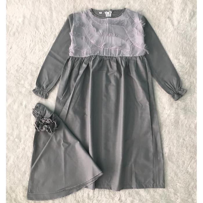 gamis kerudung anak aplikasi brukat abu gamis modern DA0095