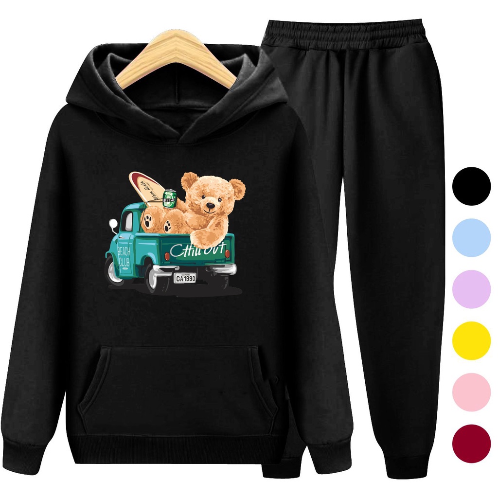 Setelan Sweater Anak + Celana TEDDY TRUCK / Set Sweater Hoodie Anak Laki - Laki Perempuan Kekinian Viral Terbaru