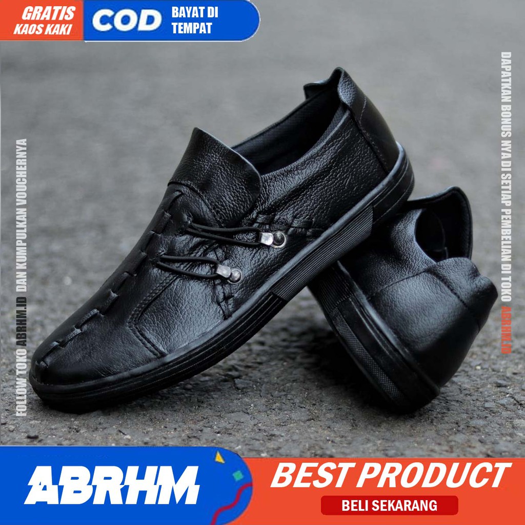 ABRHM ALIGA Sepatu Slip On Pria Sepatu Pria Casual Kulit Asli Cowo/Cowok Sepatu Kasual Kerja Semi Formal Anti Slip Gaya Keren Kekinian Murah Terlaris