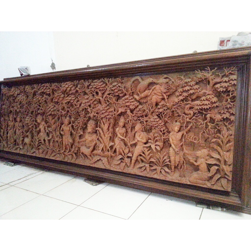 Hiasan Dinding Relief RAMAYANA 300 x 120 x 10 cm Ukiran Kayu Jati Solid tiga dimensi