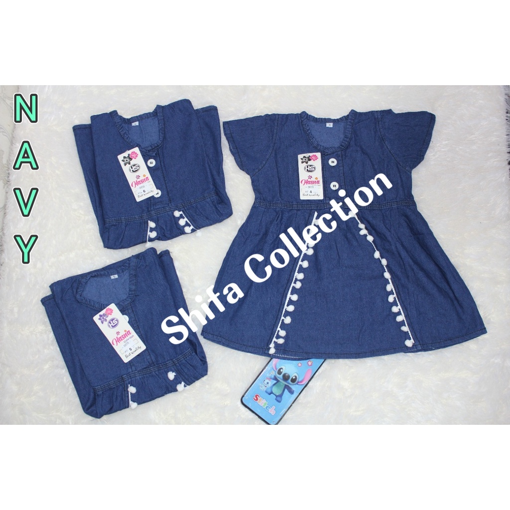 Baju Dress Jeans / Baju Dress Anak Perempuan Bahan Jeans Sakuratex 6,5 Ons Ukuran 4.5.6. usia 1-3 tahun