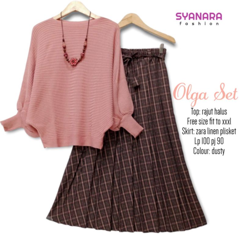 Olga Kara Set By SYANARA • Setelan Rok Wanita • Atasan Blouse Sweater Rok Skirt Plisket Wanita Musli