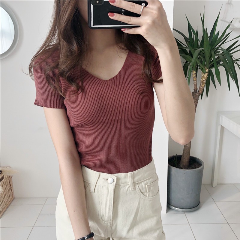 Kaos Wanita Korean Style Pendek Es Sutra Rajut Atasan Lengan Pendek Tipis Knit T-shirt