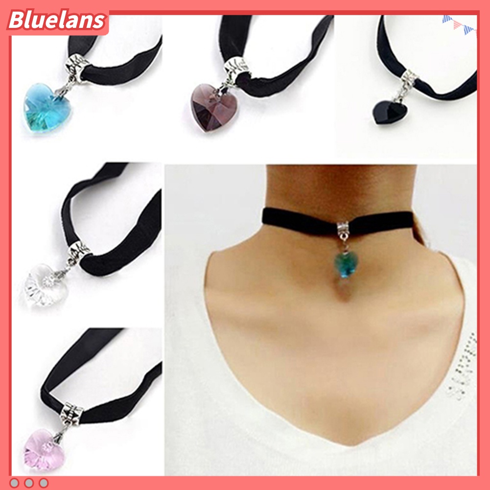 Kalung Choker Pendek Liontin Hati Berlian Imitasi Handmade Gaya Retro Gothic