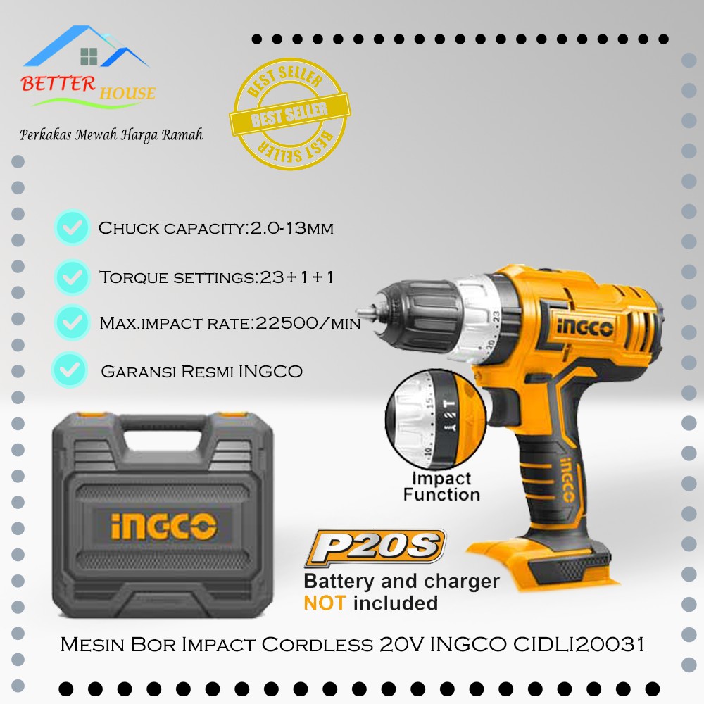 Mesin Bor impact cordless 20V 13mm INGCO CIDLI20031 Unit Only