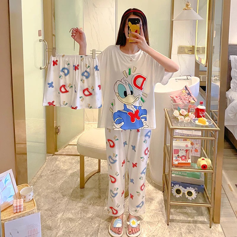 Baru set Baju Tidur Wanita Dewasa Oversize Piyama Bahan Kaos Celana Panjang & Pendek Setelan Baju Tidur 3IN1 Setelan Piyama-D Donald