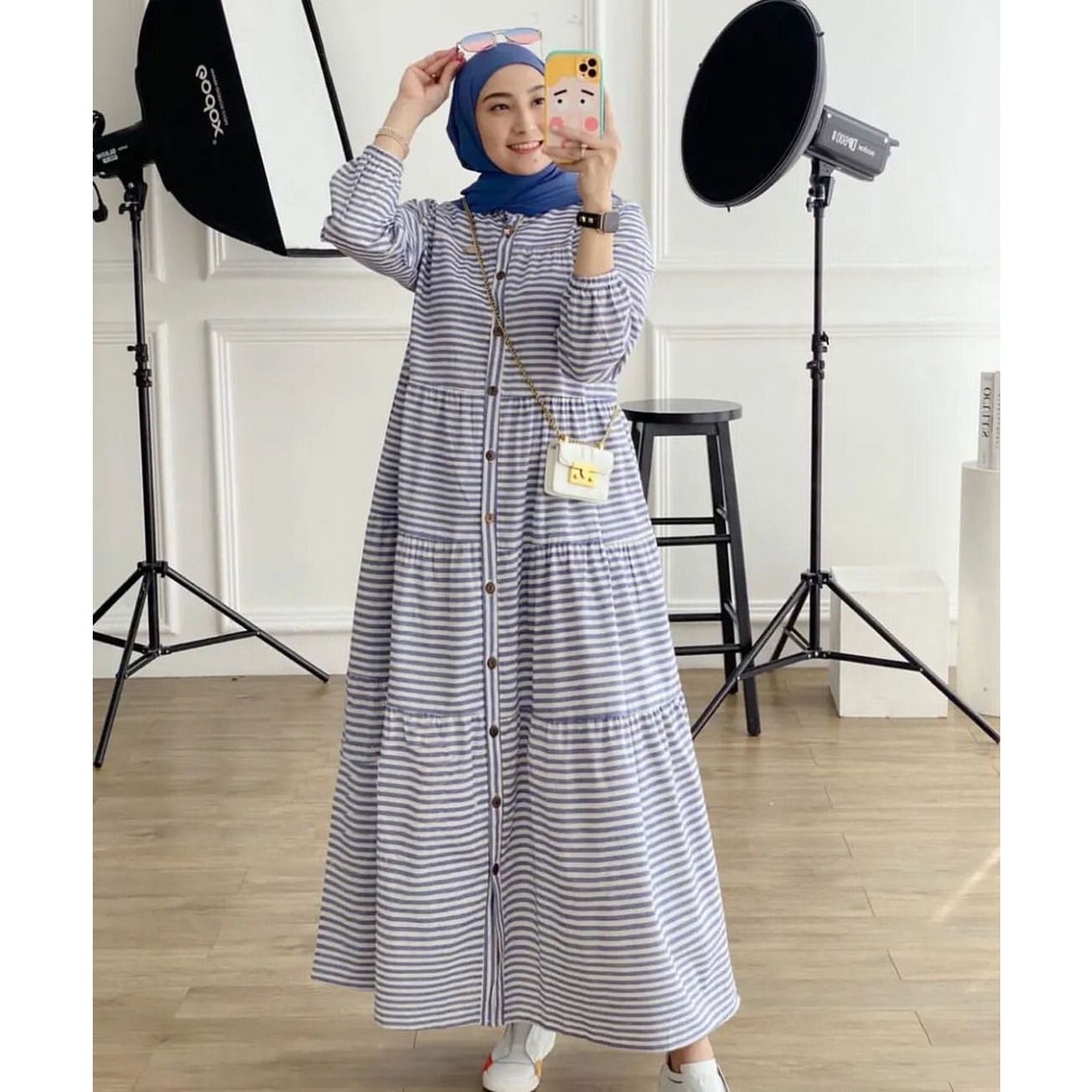 [RYZKIA_FASHION] MIDI DRESS AQILA TERBARU - GAMIS JUMBO MURAH MOTIF GARIS FIT XXL LD 110 CM - BAJU L