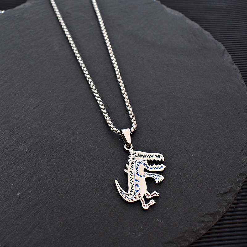 Kalung Panjang Desain Dinosaurus Kecil Bahan Titanium Steel Gaya Hip hop Untuk Pria Dan Wanita