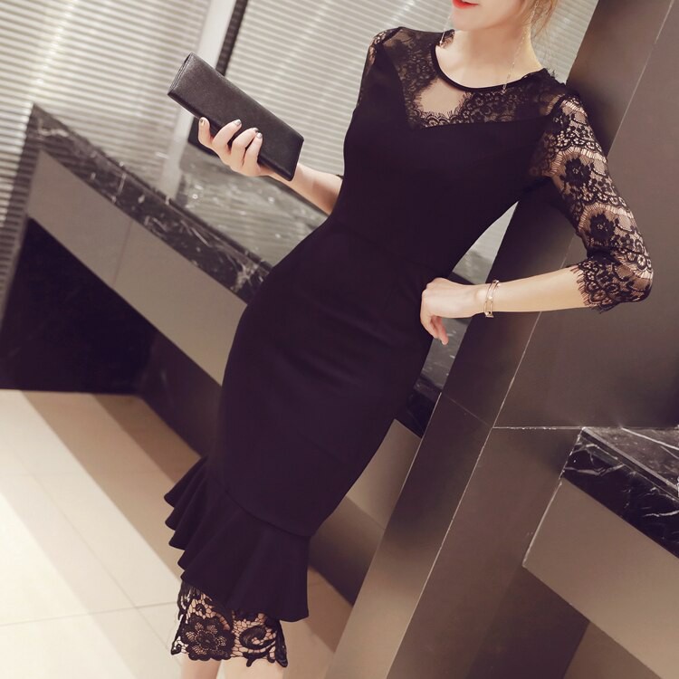 2020 Women Summer Lace Dress Sexy Mermaid Vintage O-neck Elegant Evening Party Mid-Calf Dresses 1