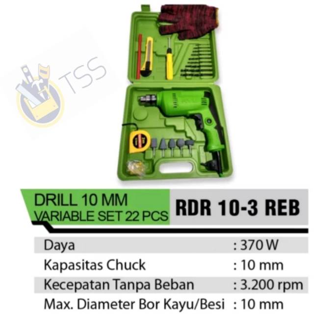 RYU Drill RDR 10-3 REB PAKE KOPER 10 mm Set 22 pc Bor Set Mesin Bor Tangan Listrik 10mm Bolak Balik + Aksesoris Set 22 Pcs + Koper / Bor Besi Kayu 10 mm RDR 10-3 REB MURAH ORIGINAL BERGARANSI