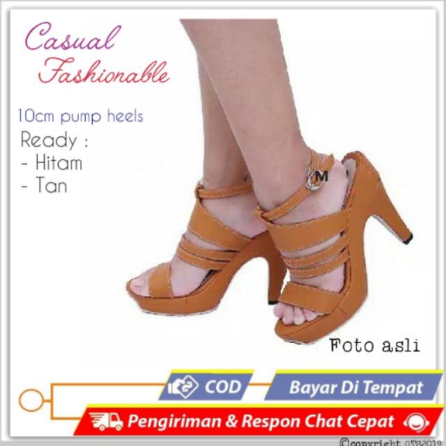 NS - Heels tali gelang wanita casual pesta kerja strip hitam polos glossy 10cm