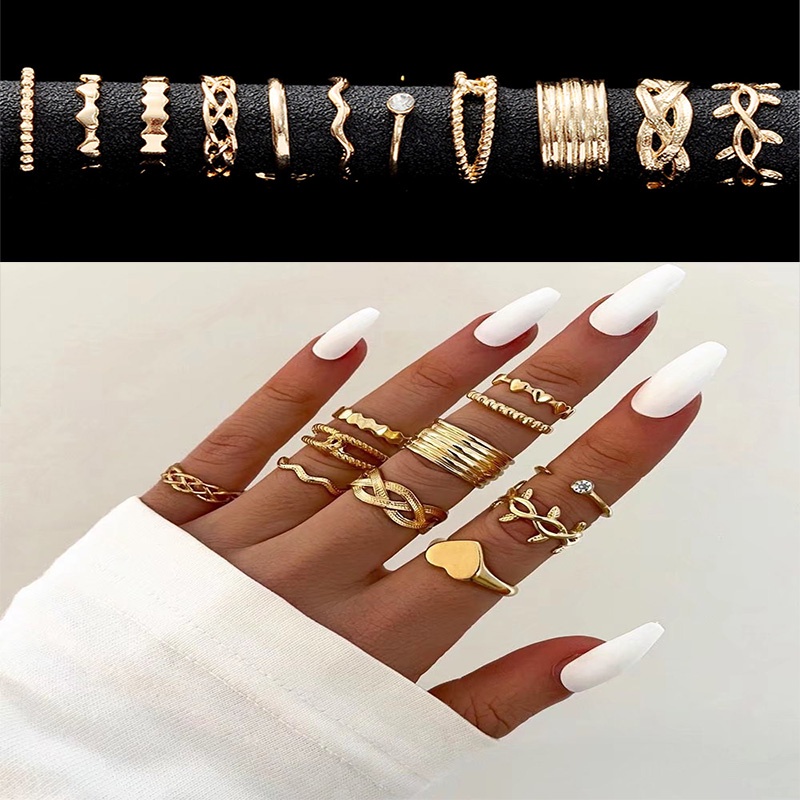 11pcs Personalized Fashion Love Leaf Vine Wave Joint Cincin Emas Set untuk Wanita