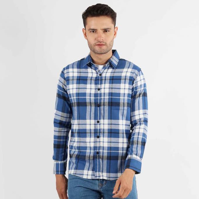 TERHEMAT KEMEJA ABG PRIA- EDWIN JEANS FLANNELS LENGAN PANJANG NICK BIRU PUTIH - BIRU, XL DISKON