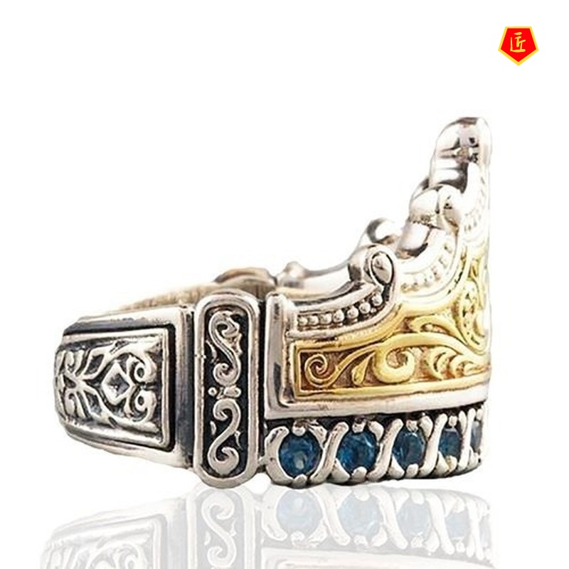 [Ready Stock]Classic Inlaid Sapphire Crown Ring 18K Gold Color Separation Fashion Elegant