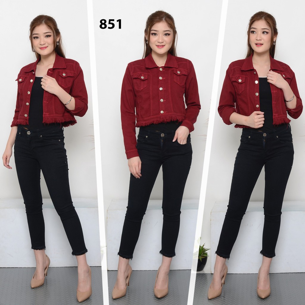 MC girl Jaket Jeans Crop Rawis Merah Tua / Jaket Jeans Body Pendek Rumbai Warna Maron