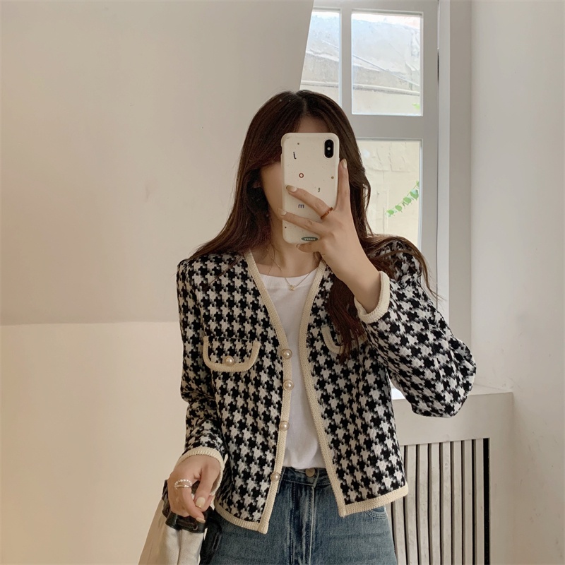 Jacket Lengan Panjang Korean Style Jaket Wanita Terbaru Outer Crop Kotak-kotak