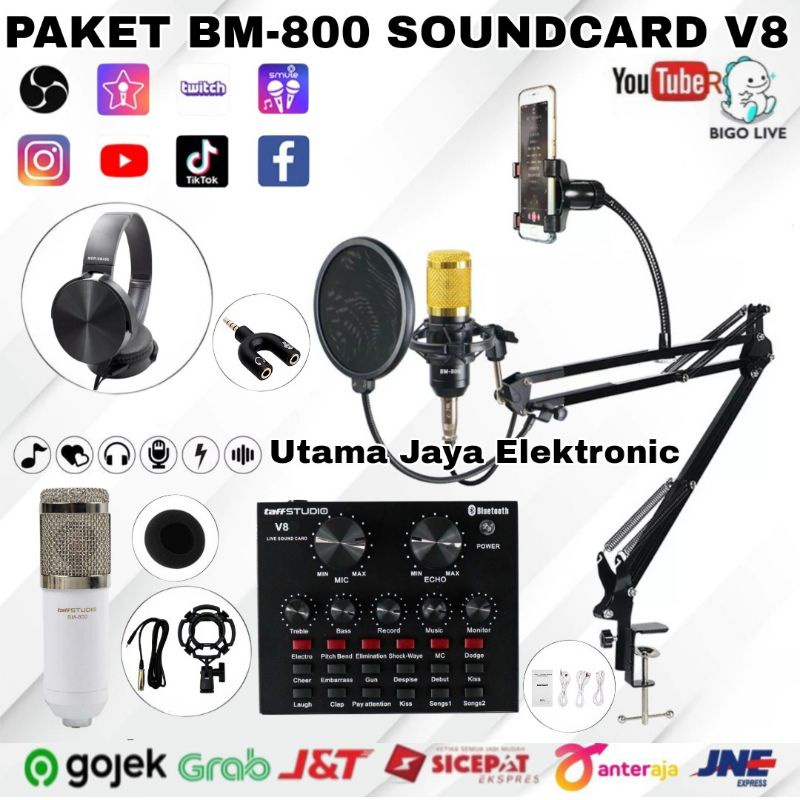 Paket Komplit Mic BM800 Soundcard V8 bluetooth Stand Holder D6 Pop Filter Shield Rekaman Terbaik