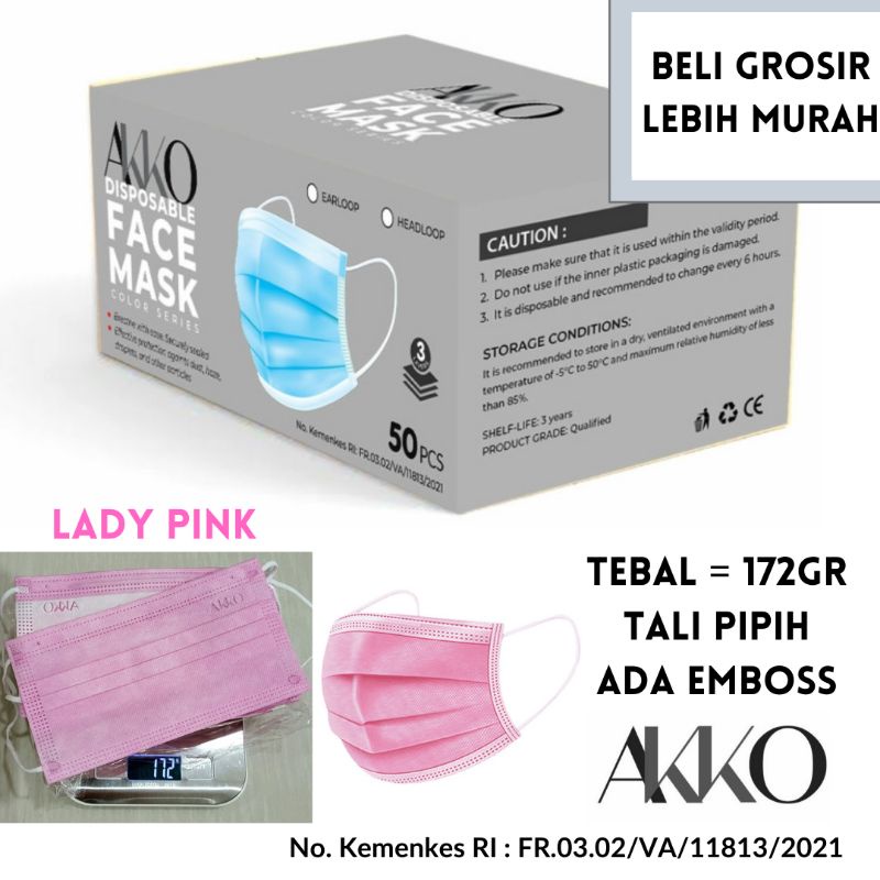 MASKER AKKO TEBAL EARLOOP LADY PINK 3PLY KEMENKES ORIGINAL