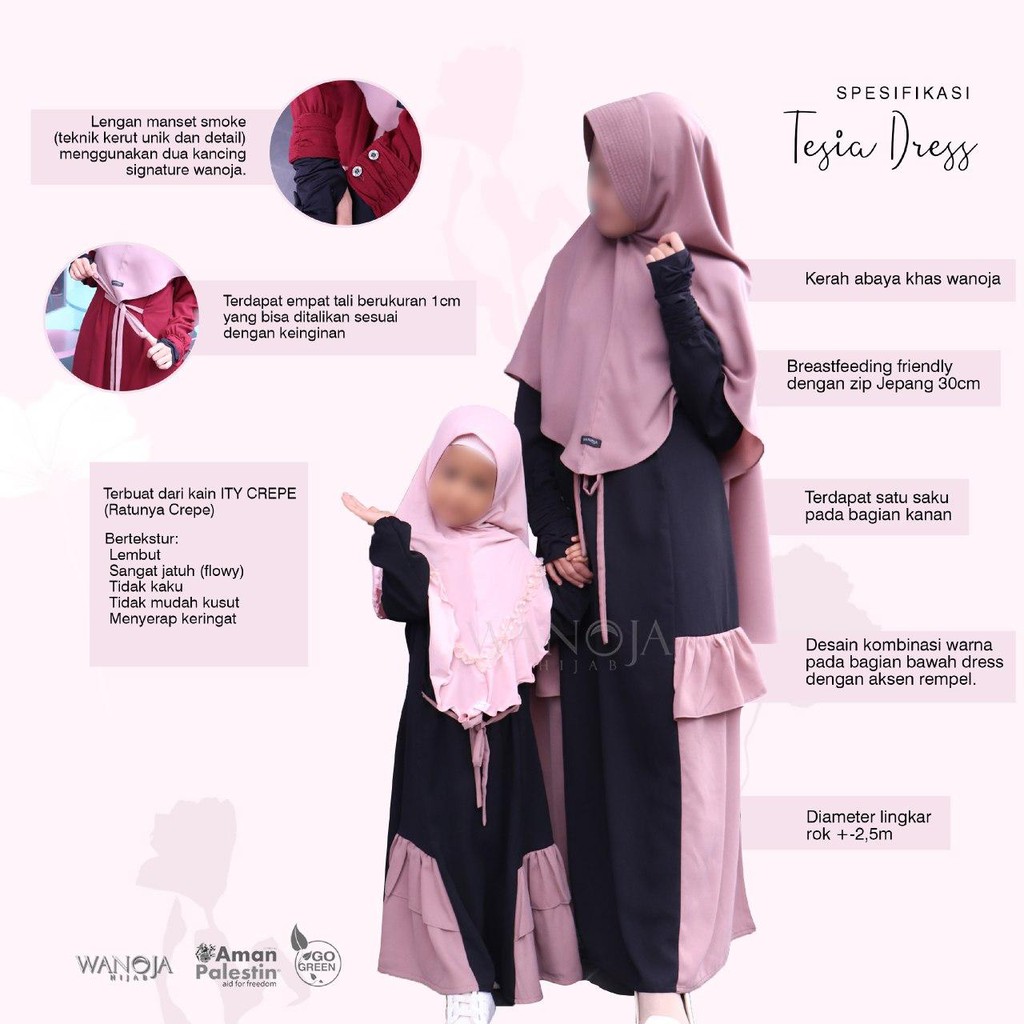 Gamis Couple Ibu dan Anak Perempuan Muslim Crepe TESIA Ori WANOJA HIJAB