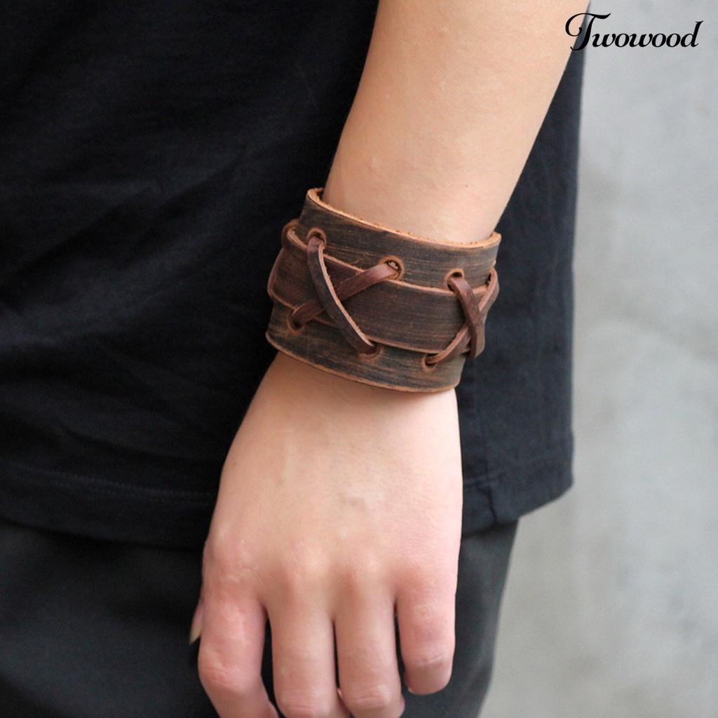 Gelang Bahan Kulit Imitasi Dengan Buckle Metal Adjustable Gaya Punk Rock Untuk Pria