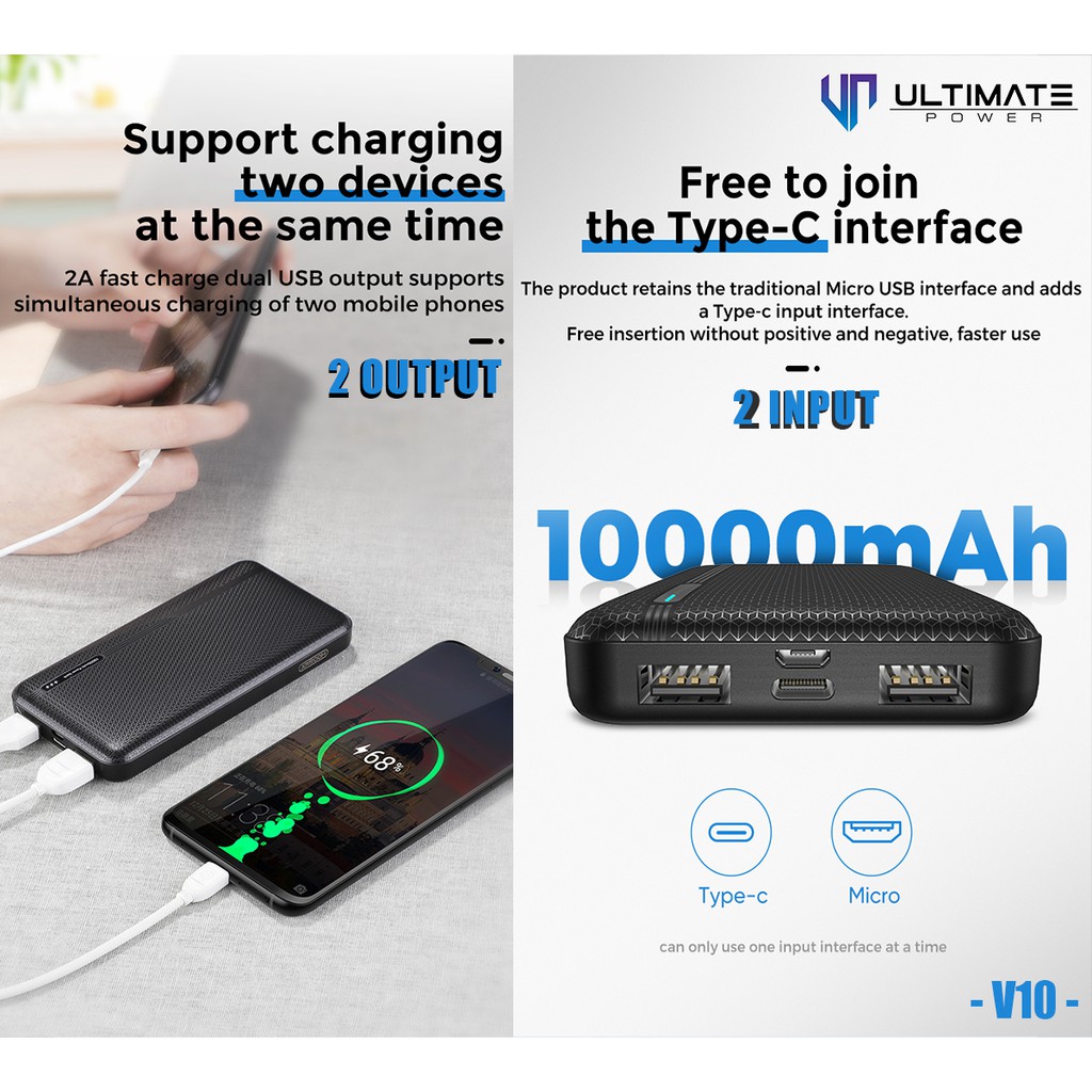 Power bank 10000mAh V10  Garansi Resmi 1thn Ultimate Power 2USB Powerbank 10000mAh V10Asli