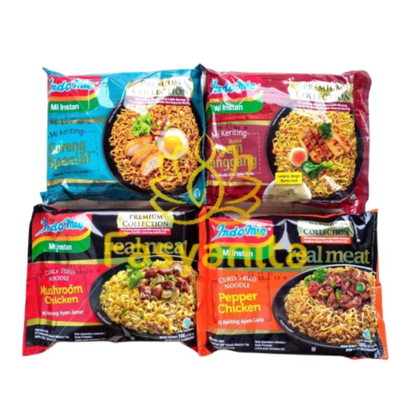 

Indomie Premium Collection Real Meat Mi Mie Instan Keriting Goreng Spesial Ayam Panggang Jamur Lada