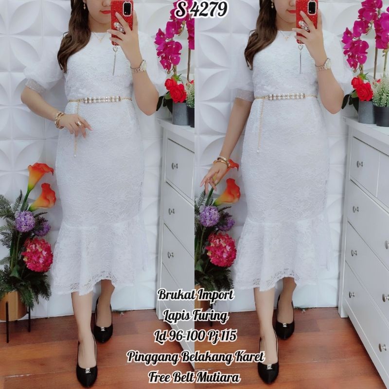4279 Dress Brukat Duyung Mewah Putih+Belt