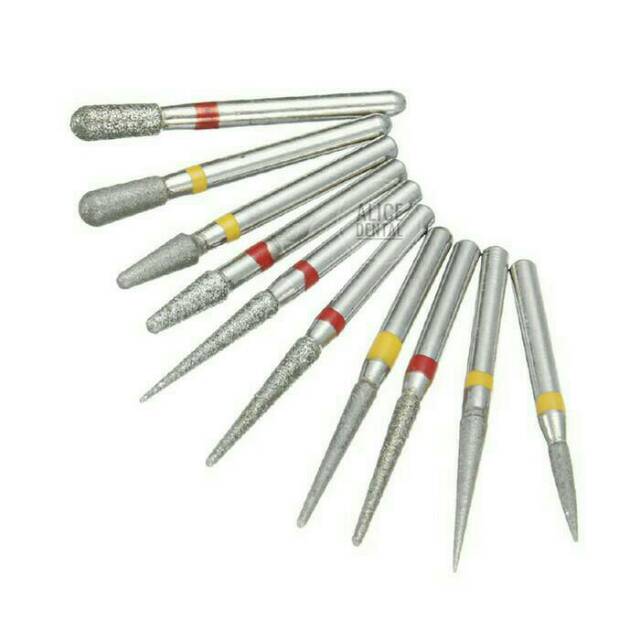 Alice dental bur set diamond high speed burs gigi merah kuning highspeed bentuk pear pir fissure