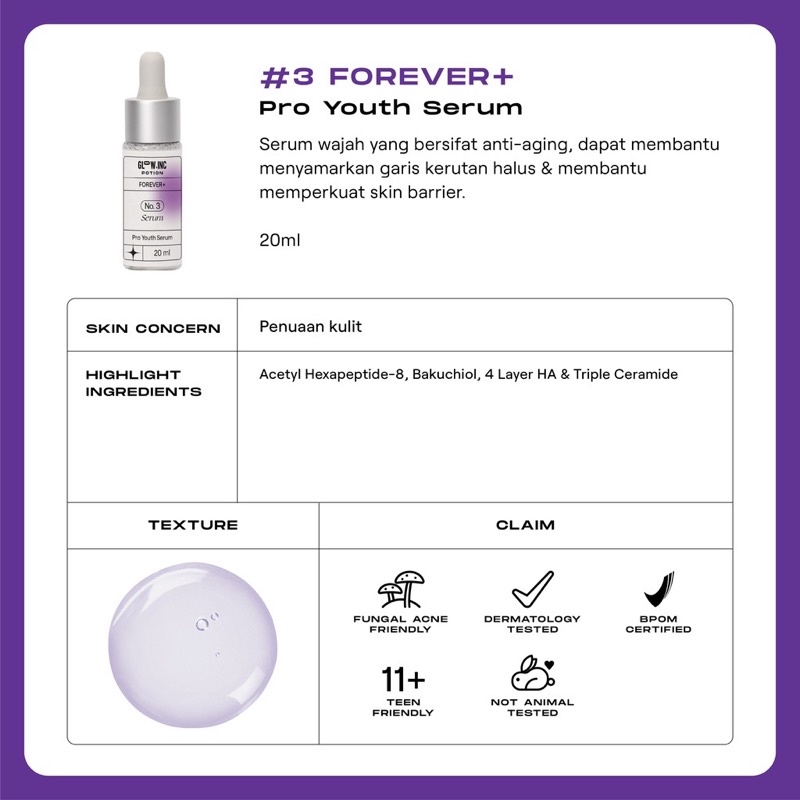 GLOWINC POTION FOREVER+ Set Indonesia / Pro Youth Chroma+ Bright Radiant Acnecore+ Clear AC Gentle+ Soothing Hydralive+ Moisture Lock Maintain+ Nutrient Skin Seamless Cleanser Toner Essence Serum Ampoule Cream Moisturizer Mask Glow Inc Paket Full Package