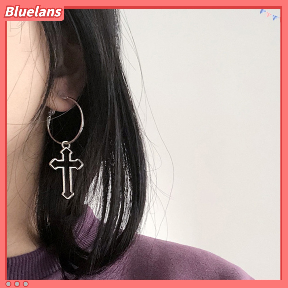 Anting Hoop Juntai Drop Bentuk Bulat Salib Model Hollow Gaya Punk Untuk Wanita