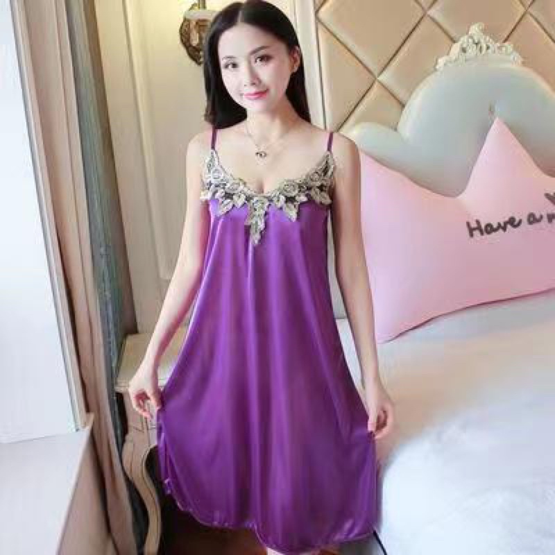 Lingerie Dress Baju Tidur Wanita Sexy Motif Bordir Bunga Bahan Satin Import