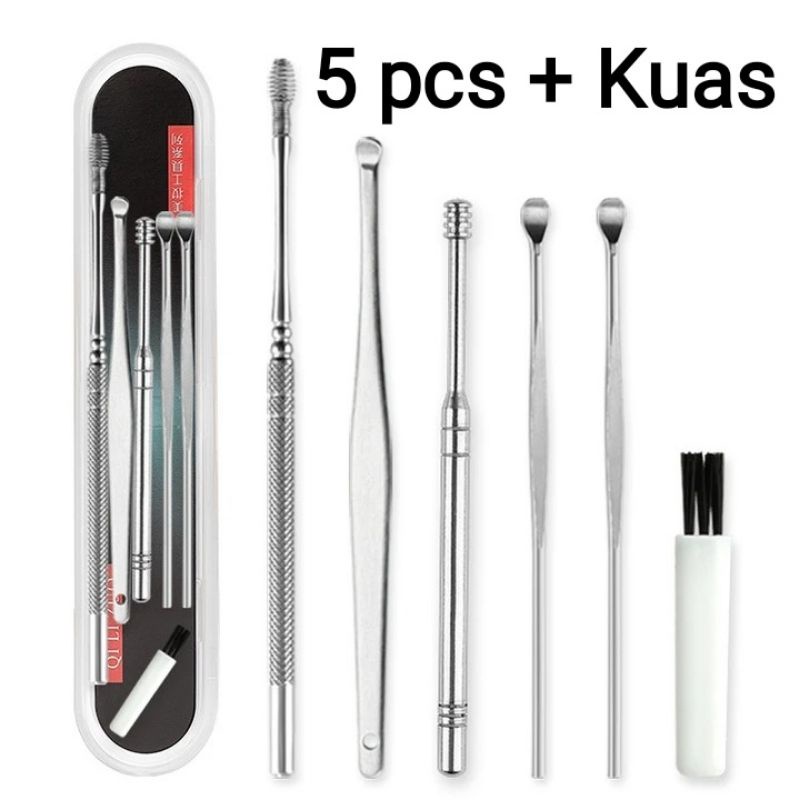 [5 IN1] + (Kuas) Alat Pembersih Telinga Stainless 1 Set Korek Kuping Stainless Spiral Lengkap Earpick Kotoran Keras Sedot untuk Dewasa Bayi Balita