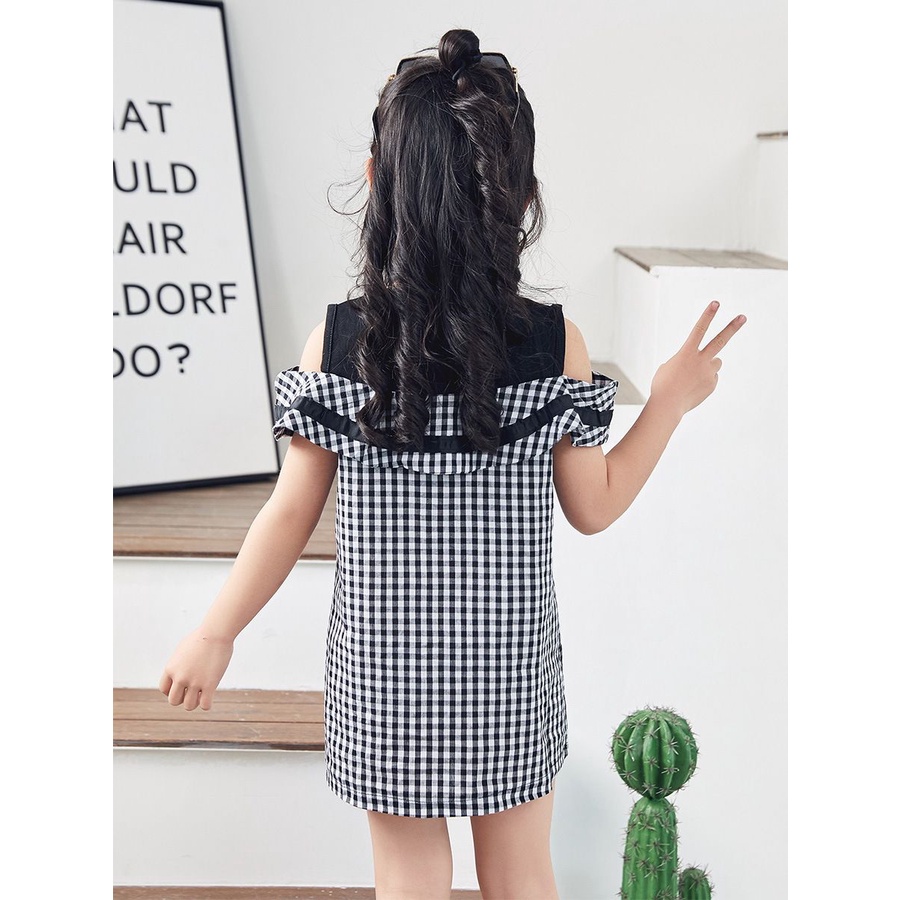 Dress Anak Perempuan Style Sabrina Kerah Kotak Hitam