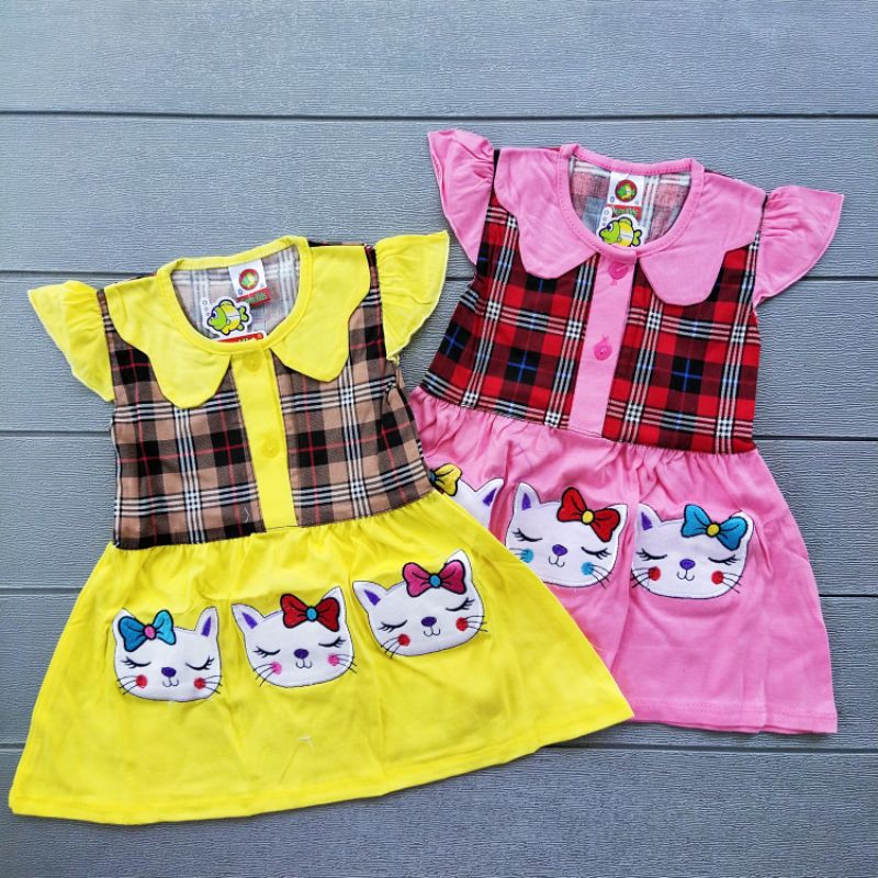 COD Dress Green kids Cat usia 3-12 bulan baju anak perempuan / girl / cewek / kado murah lucu