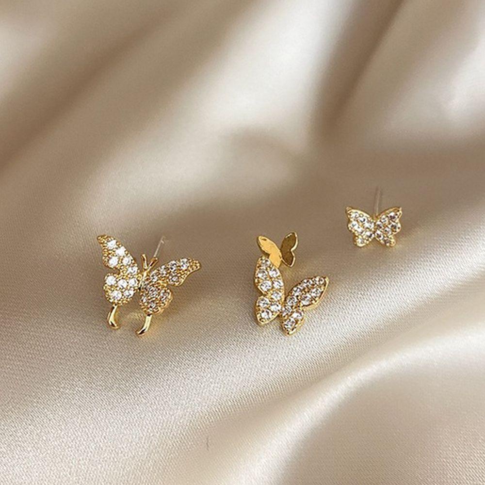 Needway Klip Anting Minimalis Retro Hadiah Untuk Wanita Kupu-Kupu Berlian Imitasi Mengkilap Anting Tulang Rawan Palsu