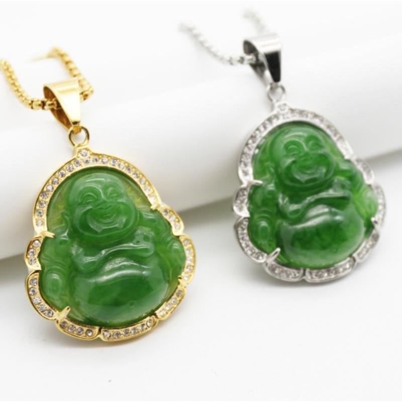 Kalung Liontin Batu Giok Maitreya Budha Bluestone Natural Untuk Pria Dan Wanita