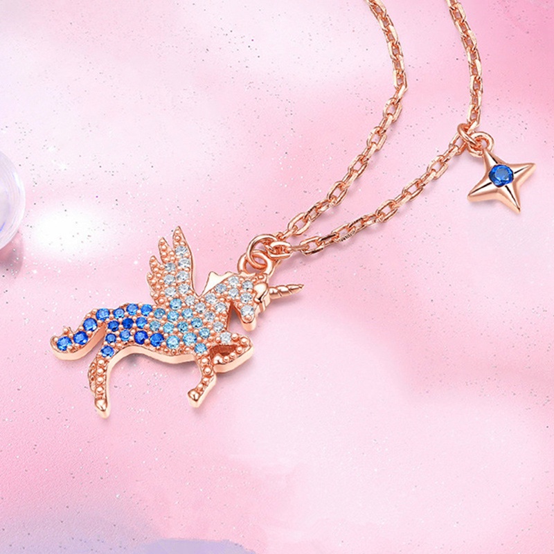 Kalung Liontin Unicorn Aksen Kristal Gaya Kasual Untuk Wanita