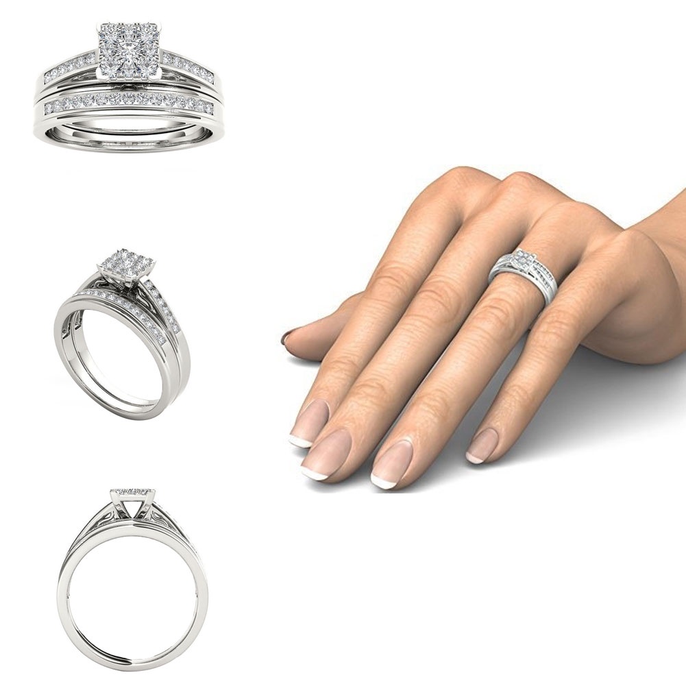 Hu Hu Hu Hu Hu Alat Bantu Pasang Kacamata♡ Cincin Kawin / Tunangan Zircon Persegi Dua Lapis Untuk Pengantin Wanita