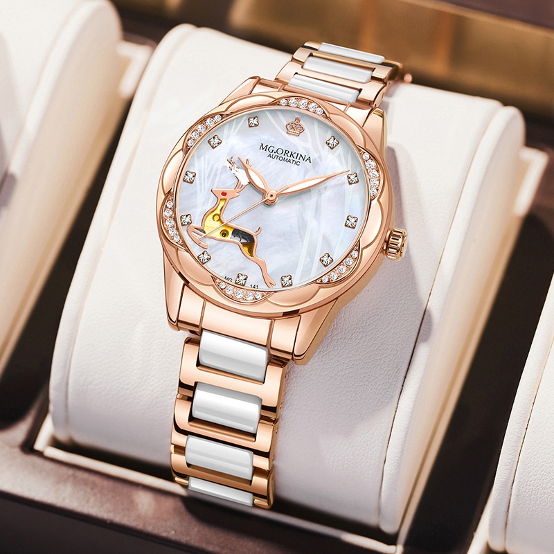 ◘❁Ouqina jam tangan wanita merek fashion jam tangan mekanik otomatis berongga mekanik jam tangan wan