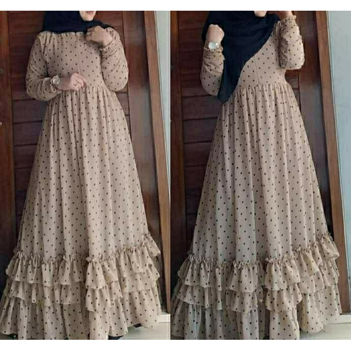 Baju gamis wanita muslim polkadot / naira maxi dress / gamis polkadot terbaru size L / XL-MOCCA