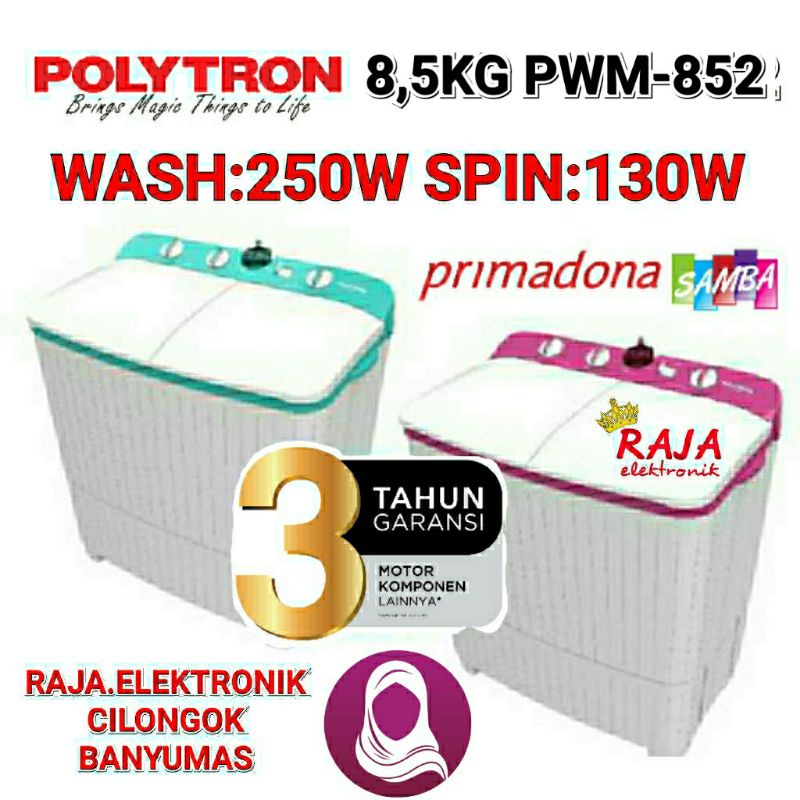 mesin cuci polytron PWM 852 8,5kg PRIMADONA HIJAB SERIES polytron 2 tabung PWM-852 mesin cuci 8kg