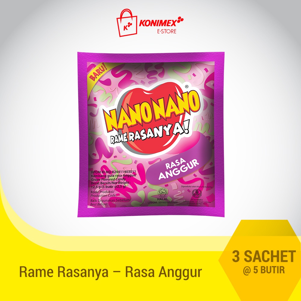 

Nano Nano rasa Anggur 3 sachet Permen Manisan Buah isi 5 butir