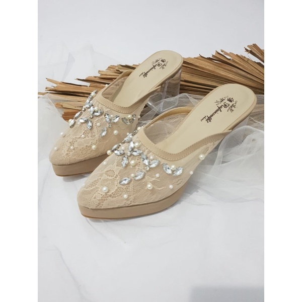 sepatu wedding shoes model lilysa wrna cream tinggi 7cm  kaca